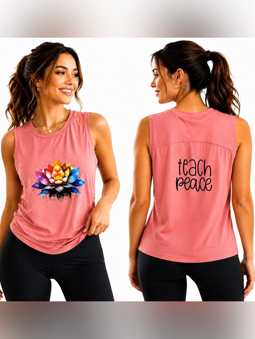 Pink Lotus “Teach Peace” Sleeveless Athletic Top Performance Tank Top